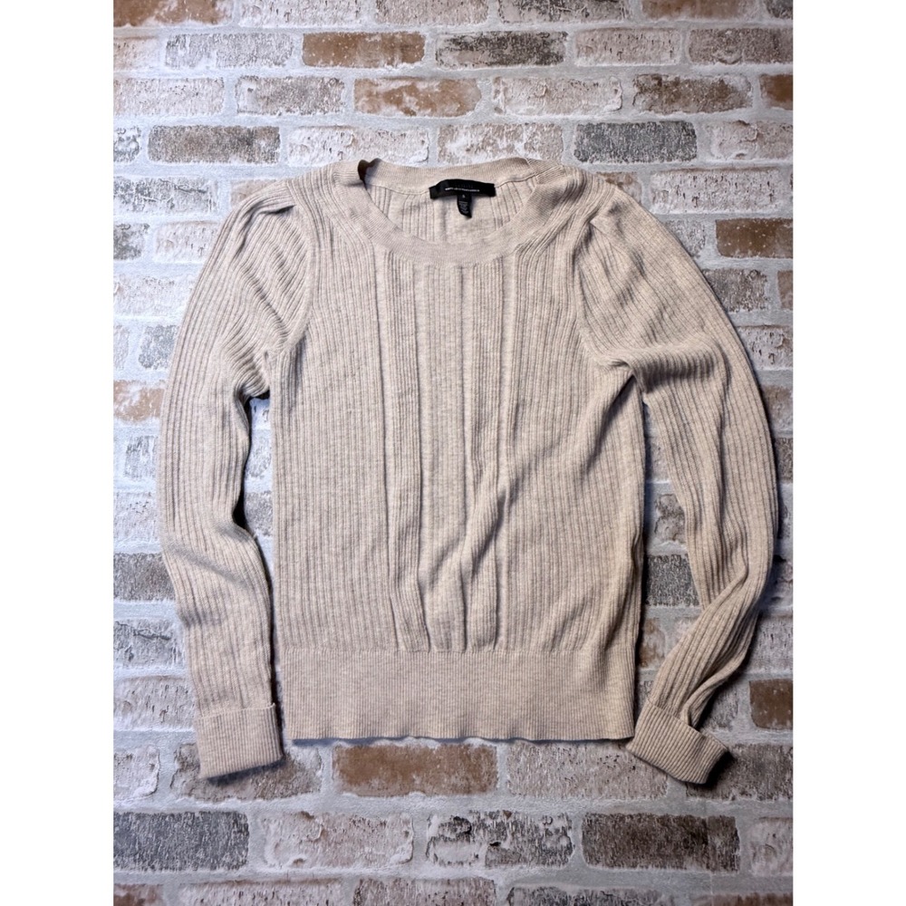 White House Black Market Beige Ribbed Cashmere Blend Puff Shoulder Sweater Small